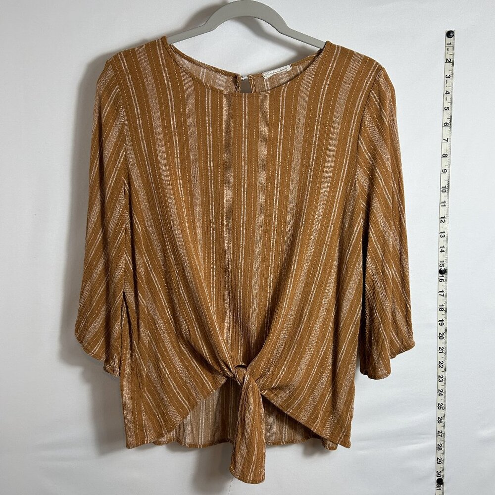 Cotton Bleu goldish-orange flare sleeve tie-front‎ striped blouse